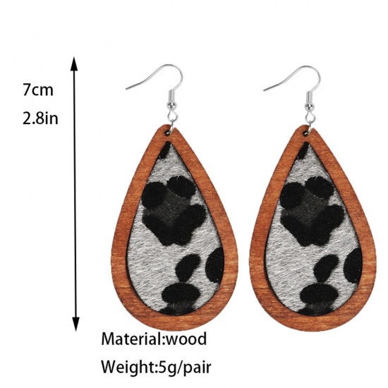 Picture of Natural Wood & Faux Leather Ear Wire Hook Earrings Silver Tone Drop Leopard Print