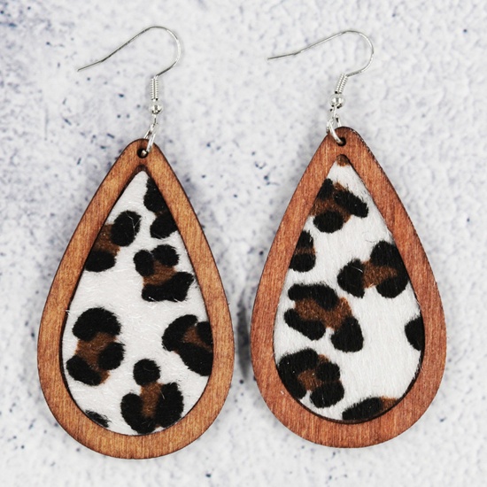 Picture of Natural Wood & Faux Leather Ear Wire Hook Earrings Silver Tone Drop Leopard Print