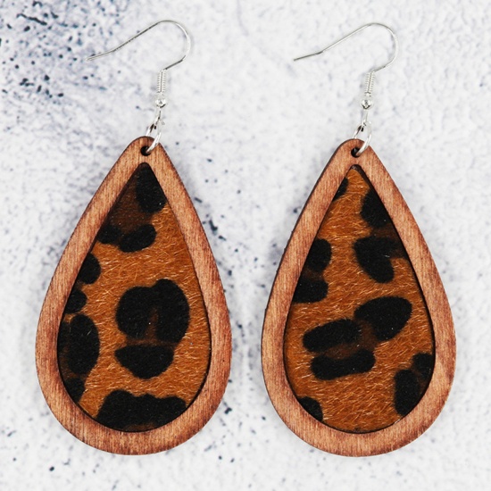 Picture of Natural Wood & Faux Leather Ear Wire Hook Earrings Silver Tone Drop Leopard Print