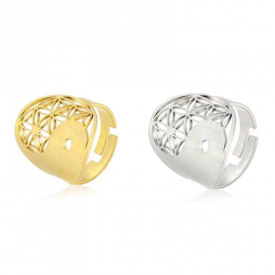 Immagine di 304 Acciaio Inossidabile Religione Aperto Regolabile Anello Multicolore Fiore Yin Yang Simbolo Filigrana 17.3mm (taglia di US: 7), 1 Pz
