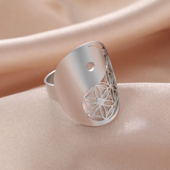 Immagine di 304 Acciaio Inossidabile Religione Aperto Regolabile Anello Multicolore Fiore Yin Yang Simbolo Filigrana 17.3mm (taglia di US: 7), 1 Pz