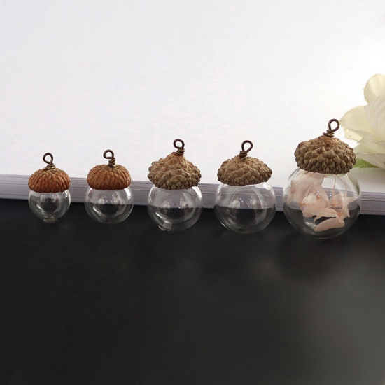 Picture of Glass Miniature Globe Bubble Bottle Vial For Earring Ring Necklace Ball White & Brown Pine Cone