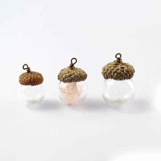 Picture of Glass Miniature Globe Bubble Bottle Vial For Earring Ring Necklace Ball White & Brown Pine Cone