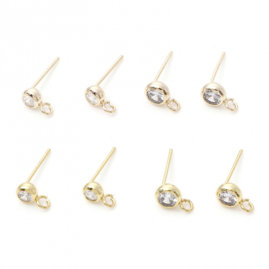 Picture of Brass Ear Post Stud Earrings Real Gold Plated Round With Loop Clear Cubic Zirconia 7mm x 4mm