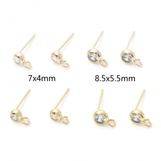 Picture of Brass Ear Post Stud Earrings Real Gold Plated Round With Loop Clear Cubic Zirconia 7mm x 4mm