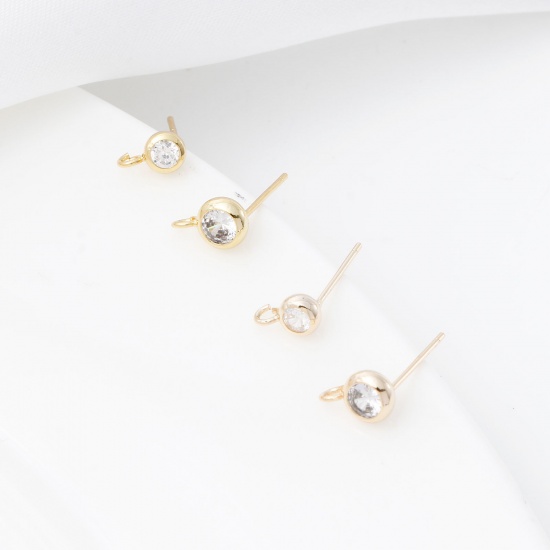 Picture of Brass Ear Post Stud Earrings Real Gold Plated Round With Loop Clear Cubic Zirconia 7mm x 4mm