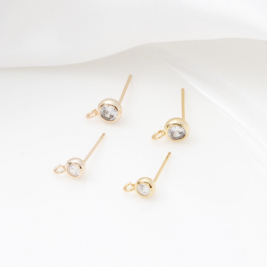 Picture of Brass Ear Post Stud Earrings Real Gold Plated Round With Loop Clear Cubic Zirconia 7mm x 4mm