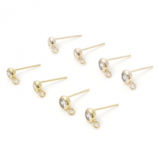 Picture of Brass Ear Post Stud Earrings Real Gold Plated Round With Loop Clear Cubic Zirconia 7mm x 4mm