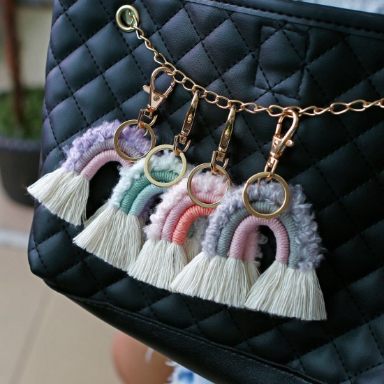 Picture of Cotton Keychain & Keyring Gold Plated Multicolor Rainbow Tassel
