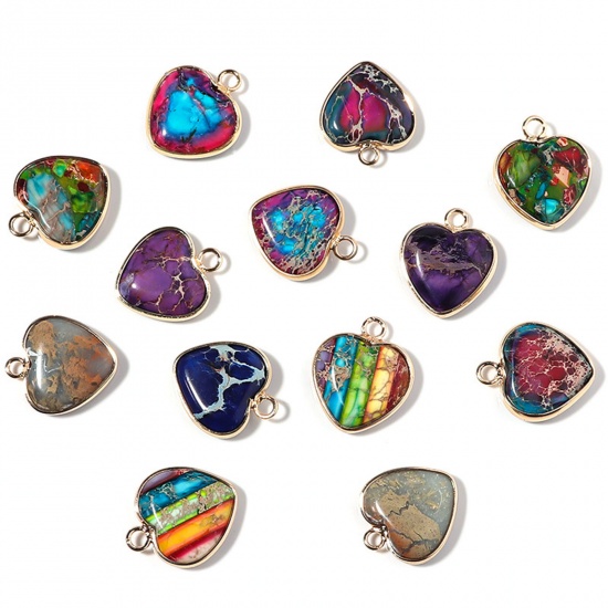 Picture of Emperor Stone ( Dyed ) Valentine's Day Charms Gold Plated Multicolor Heart 19mm x 16mm