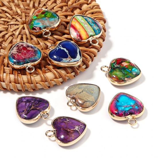 Picture of Emperor Stone ( Dyed ) Valentine's Day Charms Gold Plated Multicolor Heart 19mm x 16mm