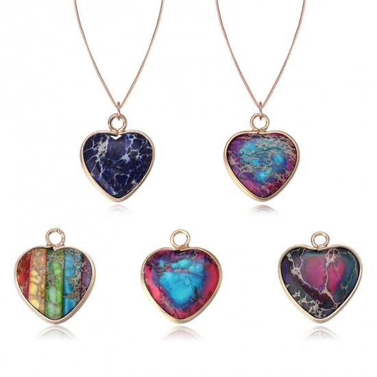 Picture of Emperor Stone ( Dyed ) Valentine's Day Charms Gold Plated Multicolor Heart 19mm x 16mm