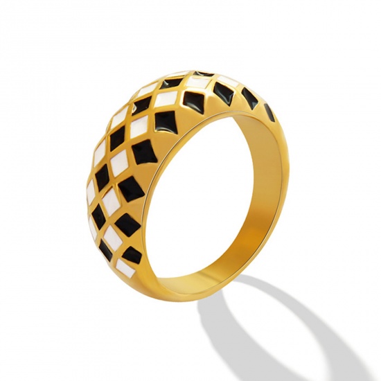 Picture of Eco-friendly Simple & Casual Retro 18K Real Gold Plated 304 Stainless Steel Unadjustable Rhombus Grid Checker Rings Unisex
