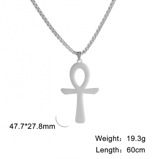 Picture of 304 Stainless Steel Religious Box Chain Necklace Multicolor Ankh Egyptian Cross Hollow 60cm(23 5/8") long