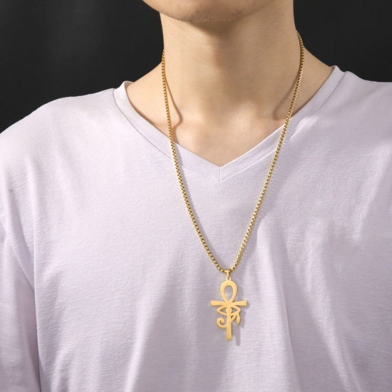 Picture of 304 Stainless Steel Religious Box Chain Necklace Multicolor Ankh Egyptian Cross Hollow 60cm(23 5/8") long