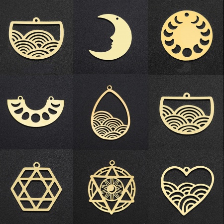 304 Stainless Steel Filigree Stamping Charms Multicolor Pentagram Star Moon Hollow 2 PCs