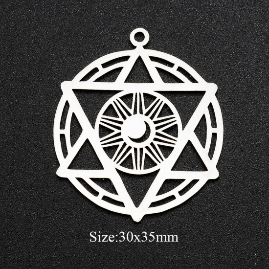 Picture of 304 Stainless Steel Filigree Stamping Charms Multicolor Pentagram Star Moon Hollow 2 PCs