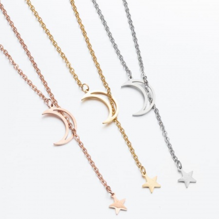 Titanium Steel Galaxy Link Cable Chain Y Shaped Lariat Necklace Multicolor Star Moon Hollow 45cm(17 6/8") long