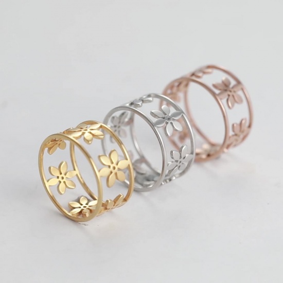 Picture of 304 Stainless Steel Stylish Unadjustable Rings Multicolor Round Daisy Flower Hollow