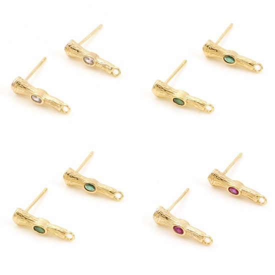 Immagine di Ottone Orecchini a Perno Multicolore Forma di Bambù Con Loop Multicolore Cubic Zirconiae 16mm x 4mm, Dimensione di Posta / Cavo: (21 misura), 2 Pz                                                                                                            