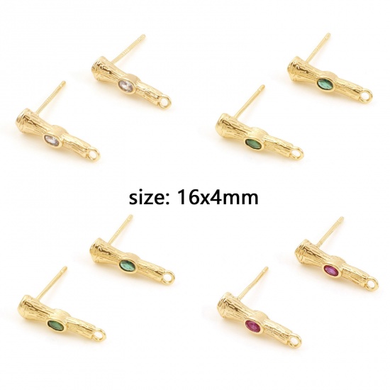 Immagine di Ottone Orecchini a Perno Multicolore Forma di Bambù Con Loop Multicolore Cubic Zirconiae 16mm x 4mm, Dimensione di Posta / Cavo: (21 misura), 2 Pz                                                                                                            