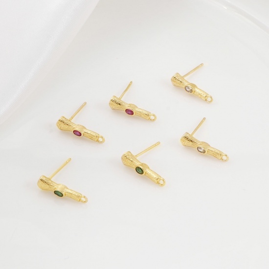 Picture of Brass Ear Post Stud Earrings Multicolor Bamboo-shaped With Loop Multicolour Cubic Zirconia 16mm x 4mm