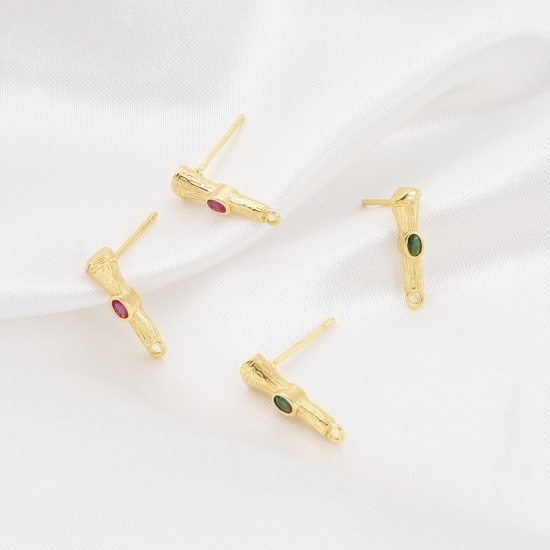 Picture of Brass Ear Post Stud Earrings Multicolor Bamboo-shaped With Loop Multicolour Cubic Zirconia 16mm x 4mm