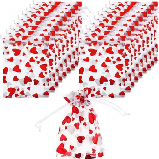 Image de Sachets à Bijoux en Organza La Saint Valentin Rectangle Blanc & Rouge Cœur 20 Pcs
