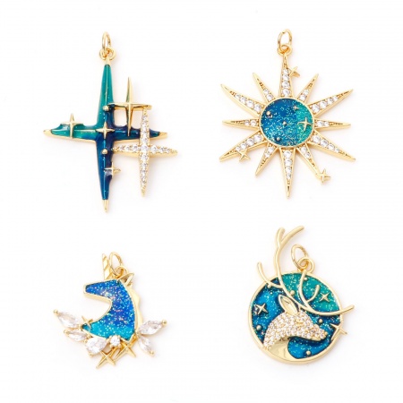Messing Micro Pave Vergoldet Cyan Stern Emaille Klar Kubischer Zirkon 1 Stück