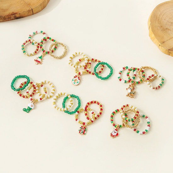 Picture of Resin Cute Elastic Stretch Beaded Rings Multicolor Christmas