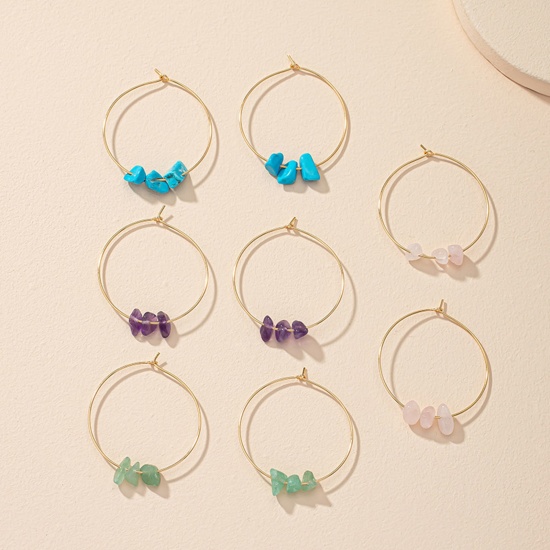 Picture of Gemstone Hoop Earrings Gold Plated Multicolor Chip Beads Round 5.1cm x 4.2cm