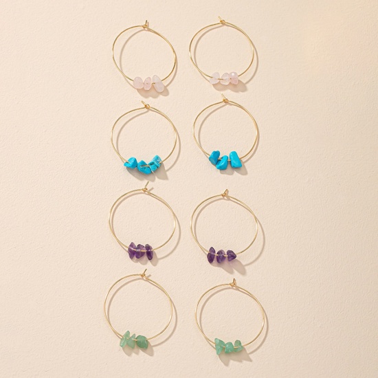 Picture of Gemstone Hoop Earrings Gold Plated Multicolor Chip Beads Round 5.1cm x 4.2cm
