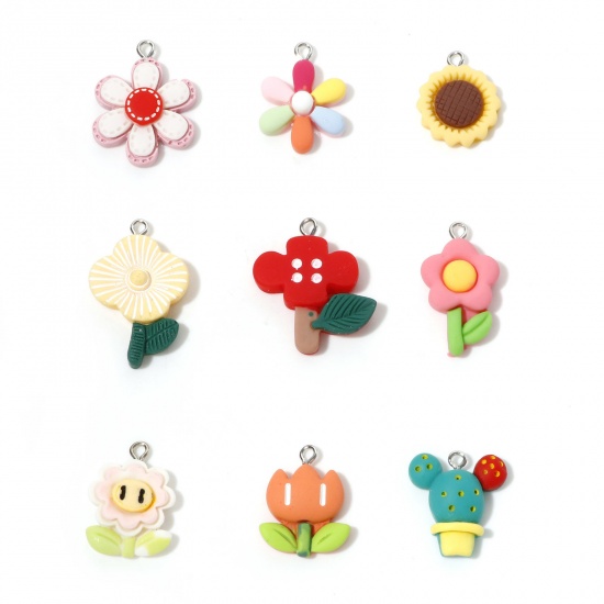 Picture of Resin Charms Flower Leaves Silver Tone Multicolor 