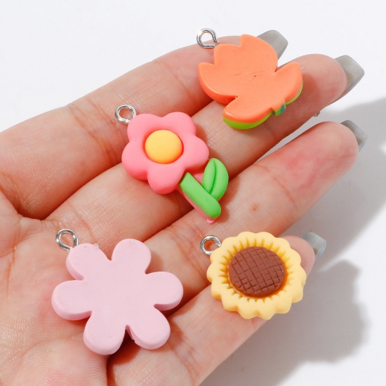 Picture of Resin Charms Flower Leaves Silver Tone Multicolor 