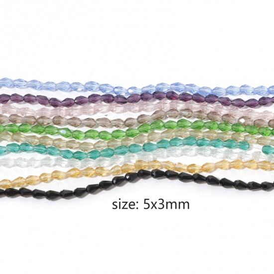 ガラス ビーズ 滴 ドロップ 多色 ファセット・カット 約 5mm x 3mm、 穴：約 0.5mm、 50.5cm 長さ、 1 連 （約 96 個/連） の画像