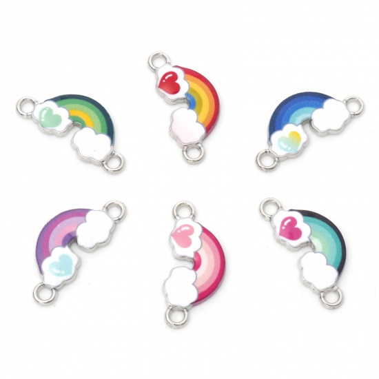 Immagine di Lega di Zinco Tempo Collezione Connettore Accessori Arcobaleno Tono Argento Multicolore Cuore Disegno Smalto 23mm x 11mm, 20 Pz