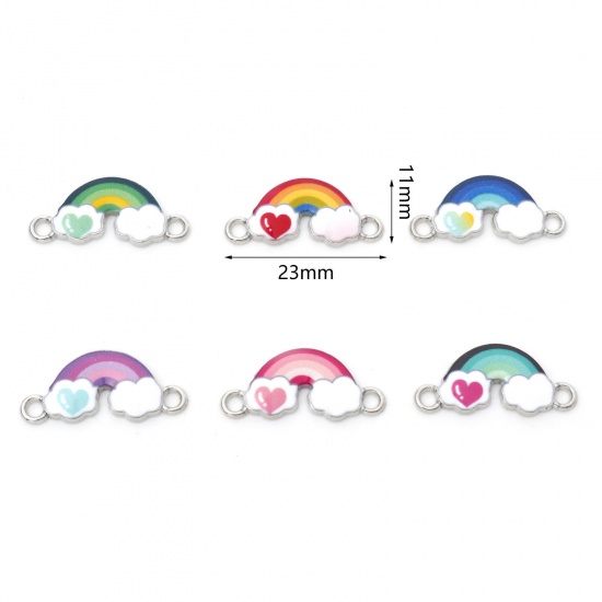 Immagine di Lega di Zinco Tempo Collezione Connettore Accessori Arcobaleno Tono Argento Multicolore Cuore Disegno Smalto 23mm x 11mm, 20 Pz