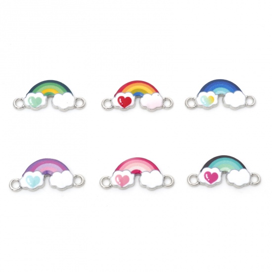 Immagine di Lega di Zinco Tempo Collezione Connettore Accessori Arcobaleno Tono Argento Multicolore Cuore Disegno Smalto 23mm x 11mm, 20 Pz