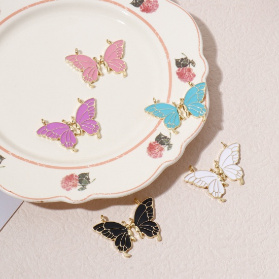 Immagine di Lega di Zinco Migliori Amici Ciondoli Farfalla Oro Placcato Multicolore Smalto 3.2cm x 2.1cm , 5 Paia