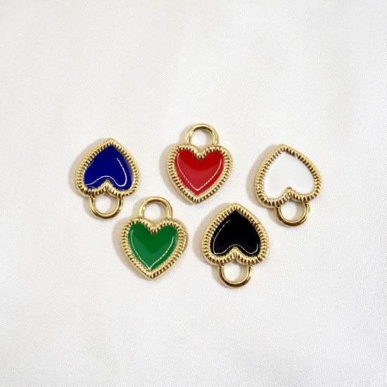 Picture of 304 Stainless Steel Valentine's Day Charms 14K Gold Plated Multicolor Lock Heart Enamel 19.5mm x 15.5mm