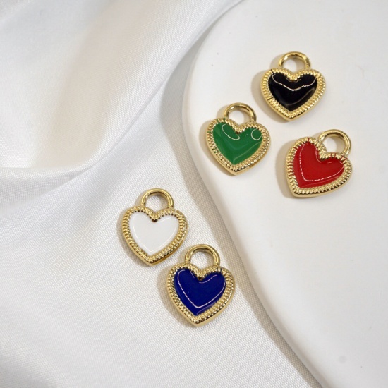 Picture of 304 Stainless Steel Valentine's Day Charms 14K Gold Plated Multicolor Lock Heart Enamel 19.5mm x 15.5mm