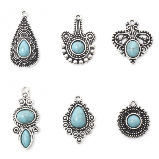 Picture of Zinc Based Alloy Boho Chic Bohemia Charms Antique Silver Color Carved Pattern With Resin Cabochons Imitation Turquoise