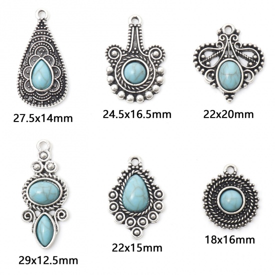 Picture of Zinc Based Alloy Boho Chic Bohemia Charms Antique Silver Color Carved Pattern With Resin Cabochons Imitation Turquoise