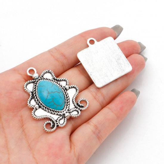 Picture of Zinc Based Alloy Boho Chic Bohemia Charms Antique Silver Color With Resin Cabochons Imitation Turquoise