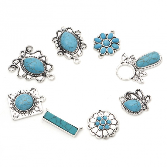 Picture of Zinc Based Alloy Boho Chic Bohemia Charms Antique Silver Color With Resin Cabochons Imitation Turquoise