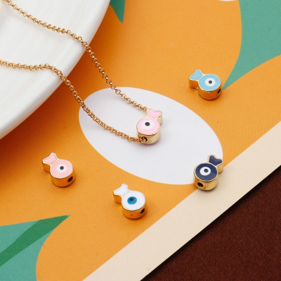 Picture of Zinc Based Alloy Religious Spacer Beads Gold Plated Multicolor Fish Animal Evil Eye Enamel About 10mm x 7mm