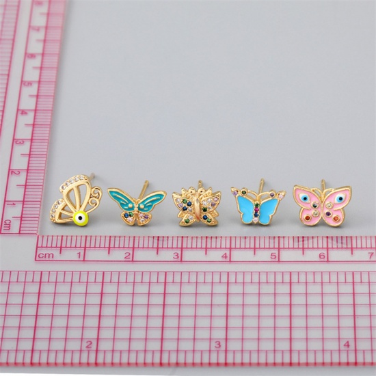 Picture of Brass Insect Ear Post Stud Earrings Gold Plated Multicolor Butterfly Animal Enamel                                                                                                                                                                            