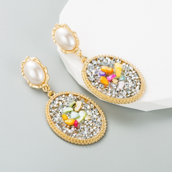 Picture of Acrylic Elegant Earrings Gold Plated Multicolor Chip Beads Oval Imitation Pearl 7.5cm x 3.5cm