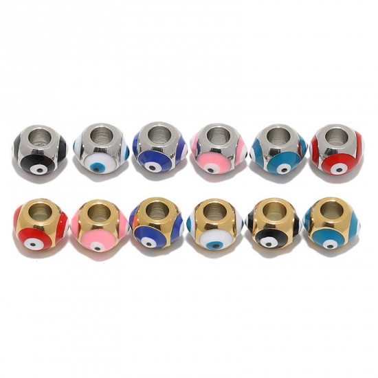 Bild von 304 Edelstahl Religiös Perlen Rund Bunt Böser Blick Evil Eye Emaille 8mm x 6mm, Loch: ca. 3.2mm, 2 Stück