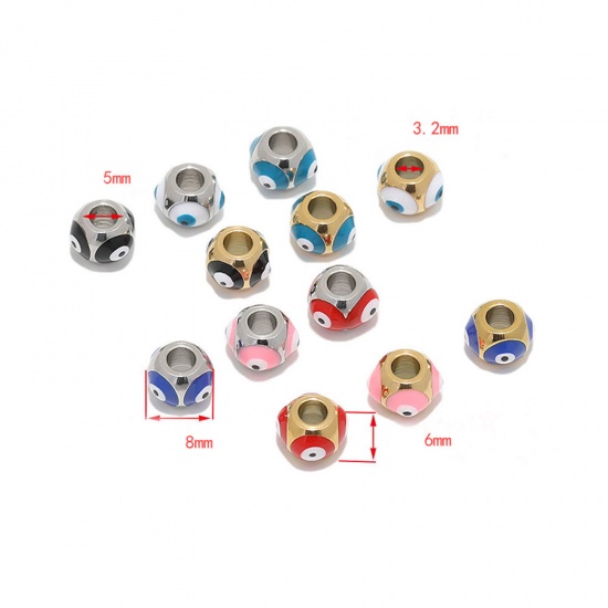 Bild von 304 Edelstahl Religiös Perlen Rund Bunt Böser Blick Evil Eye Emaille 8mm x 6mm, Loch: ca. 3.2mm, 2 Stück